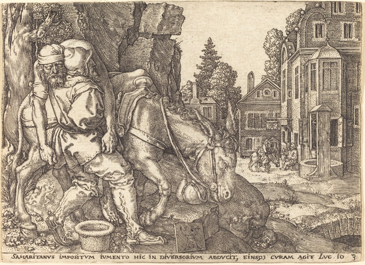 Der barmherzige Samariter setzt den Reisenden auf ein Maultier von Heinrich Aldegrever