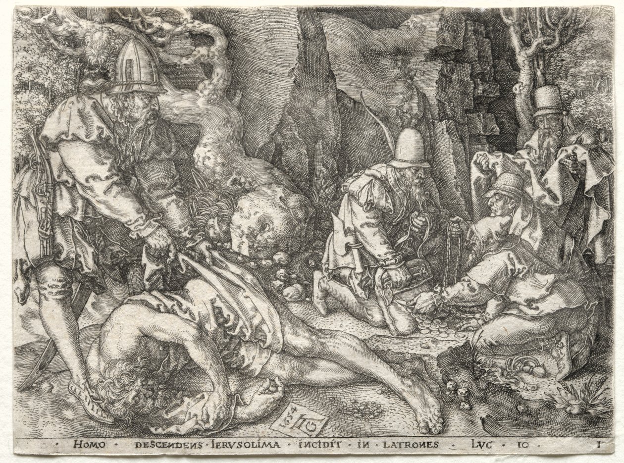Das Gleichnis vom barmherzigen Samariter: Die Räuber greifen die Reisenden an von Heinrich Aldegrever