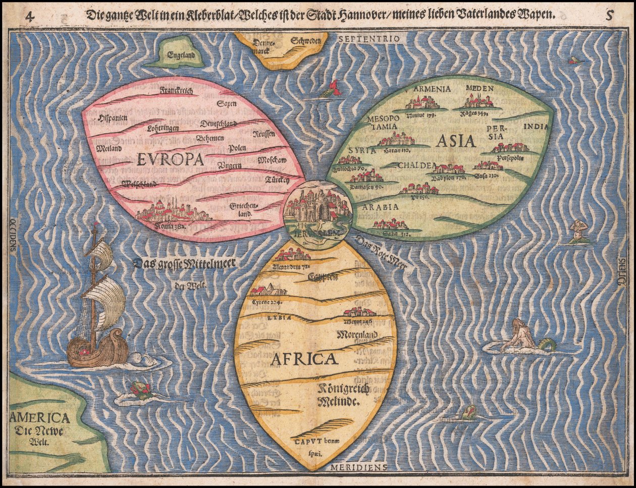 Kleeblatt-Weltkarte, 1581 von Heinrich Bünting