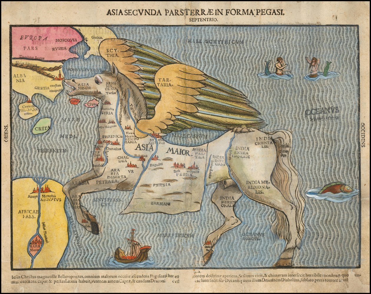 Ca. 1581 Bildkarte von Heinrich Bünting, Asien als Pegasus darstellend von Heinrich Bünting