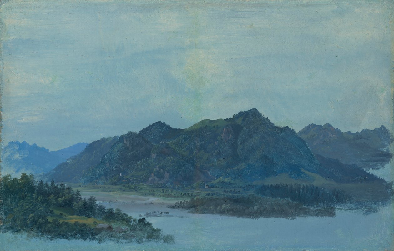 Das Inntal bei Flintsbach mit Burg Falkenstein und dem Kaisergebirge im Hintergrund von Heinrich Burkel
