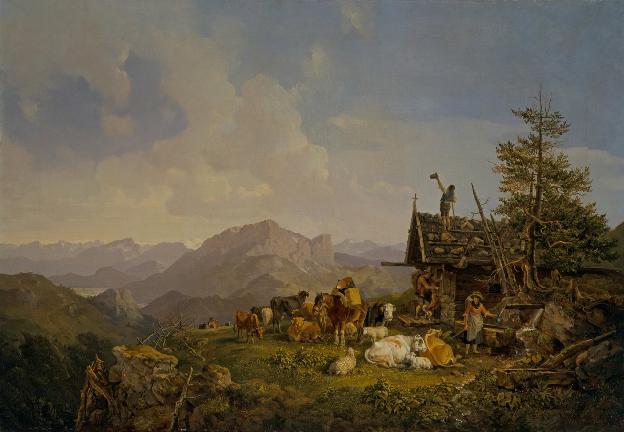 Landschaft in Oberbayern mit Hirten und ihrem Vieh, das an einer Hütte rastet von Heinrich Burkel