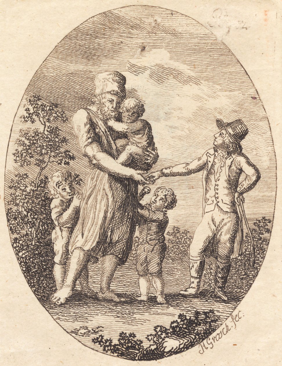 Ein Herr gibt einem Mann mit zwei Kindern ein Trinkgeld von Heinrich Grosch