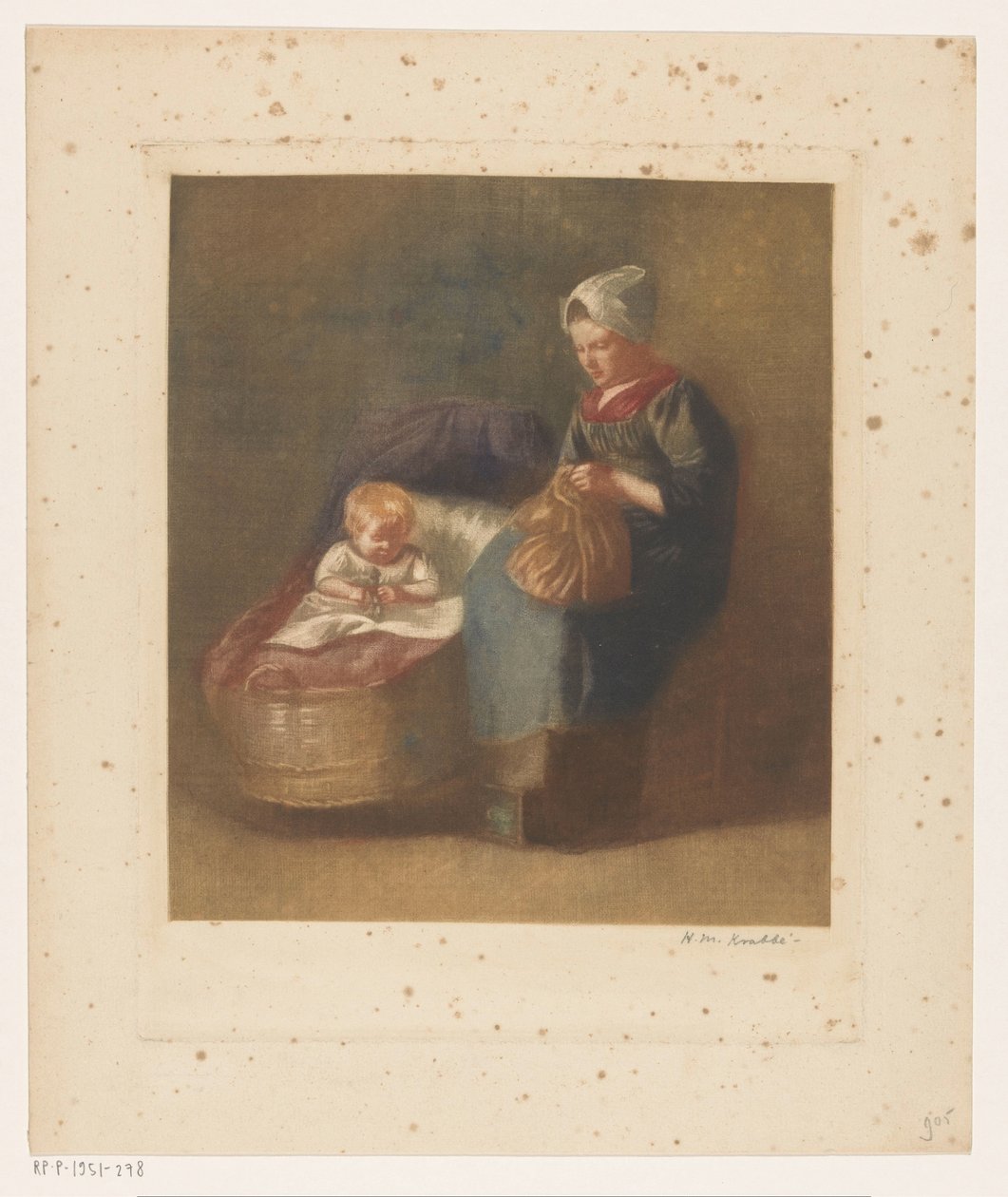 Handarbeitende Frau neben einem Kind in einer Wiege von Heinrich M. Krabbé (signed by artist)