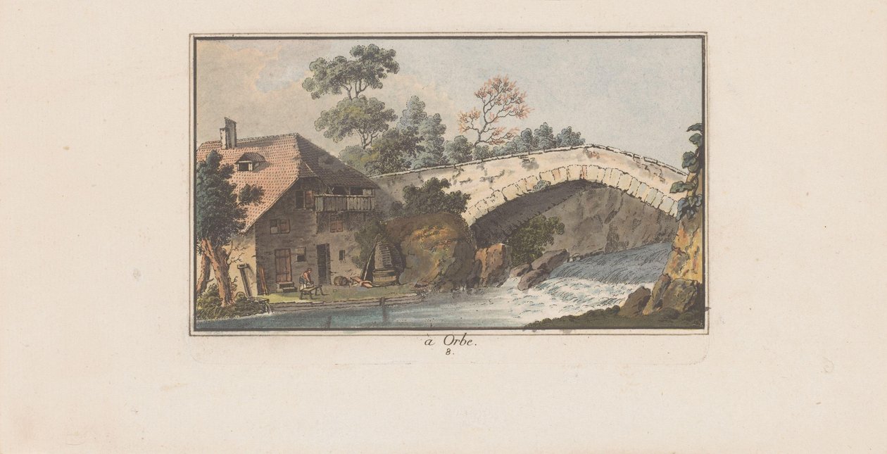 Haus neben einer Brücke über einen Fluss in Orbe von Heinrich Rieter