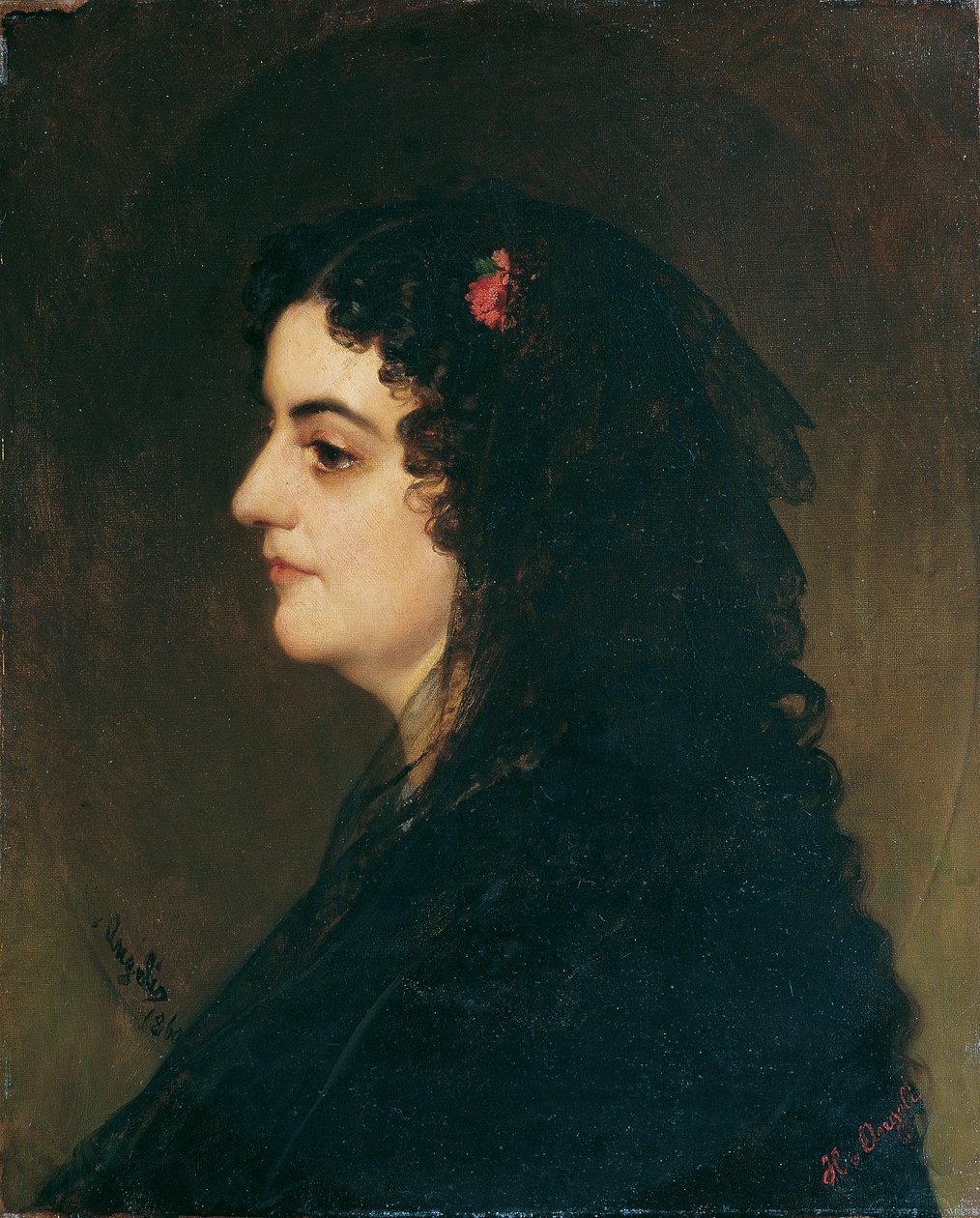 Dame im Profil mit Schleier und Nelke von Heinrich von Angeli