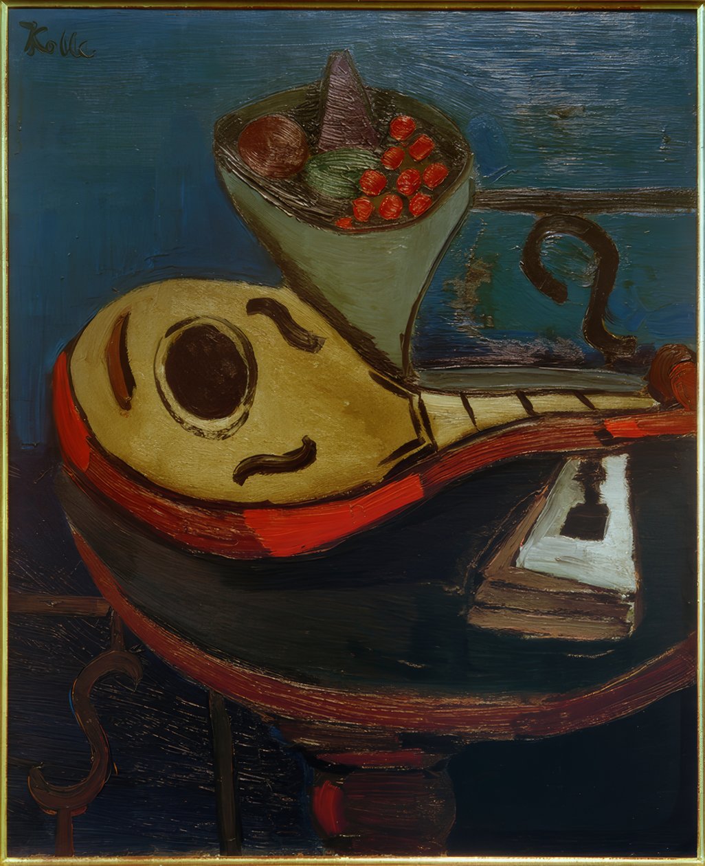 Stillleben: Mandoline und Schale mit Früchten auf einem Tisch von Helmut Kolle