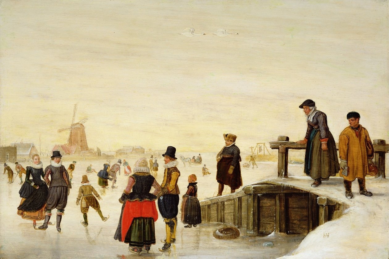 Figuren beim Schlittschuhlaufen in einer niederländischen Landschaft von Hendrick Avercamp