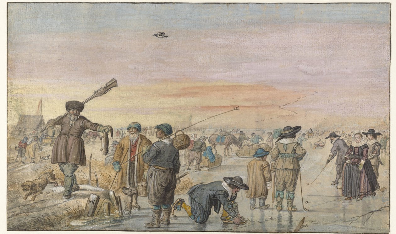 Winterszene auf dem Eis, mit einem Jäger, der einen Otter zeigt von Hendrick Avercamp