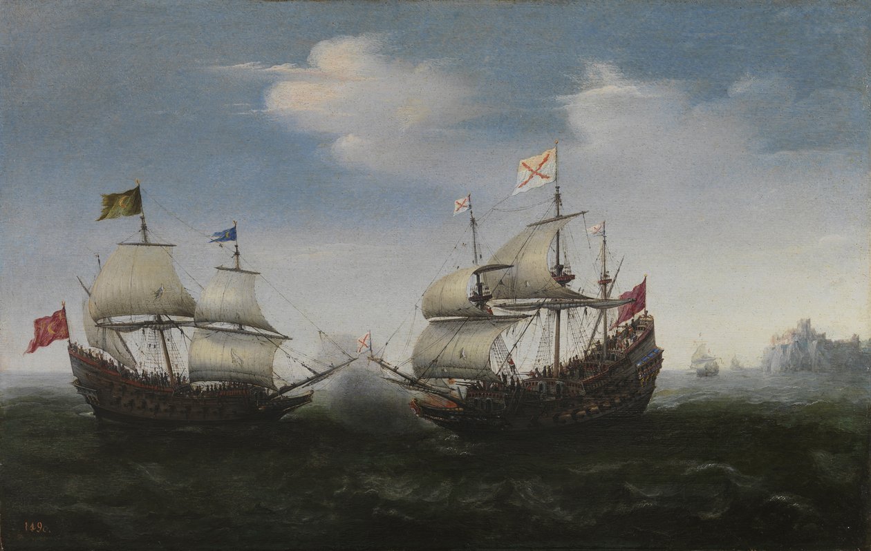 Seekampf gegen eine felsige Küste, 1627 von Hendrick Cornelisz. Vroom