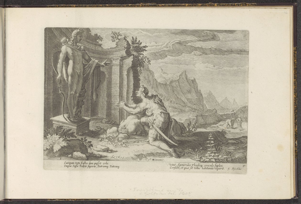 Kadmos fragt das Orakel von Delphi, was er tun soll, da er seine Schwester Europa nicht finden konnte von Hendrick Goltzius (workshop of)