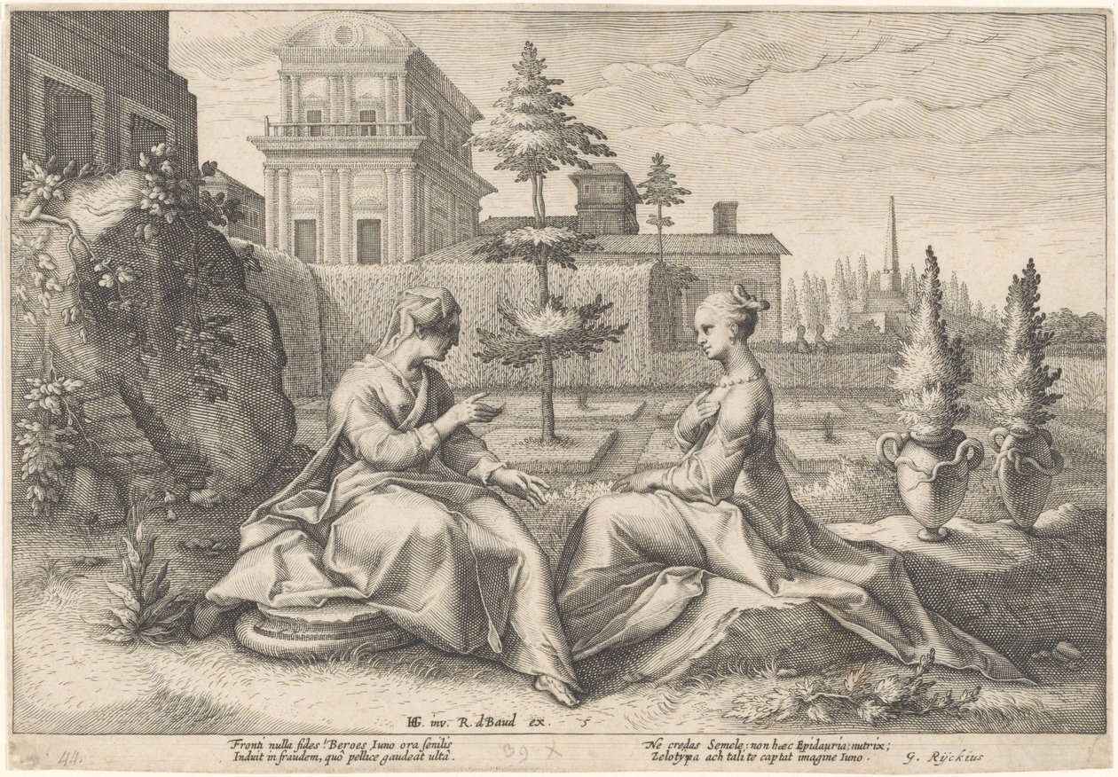 Juno nähert sich Semele in der Gestalt von Beroë (Metamorphosen von Ovid) von Hendrick Goltzius (workshop of)