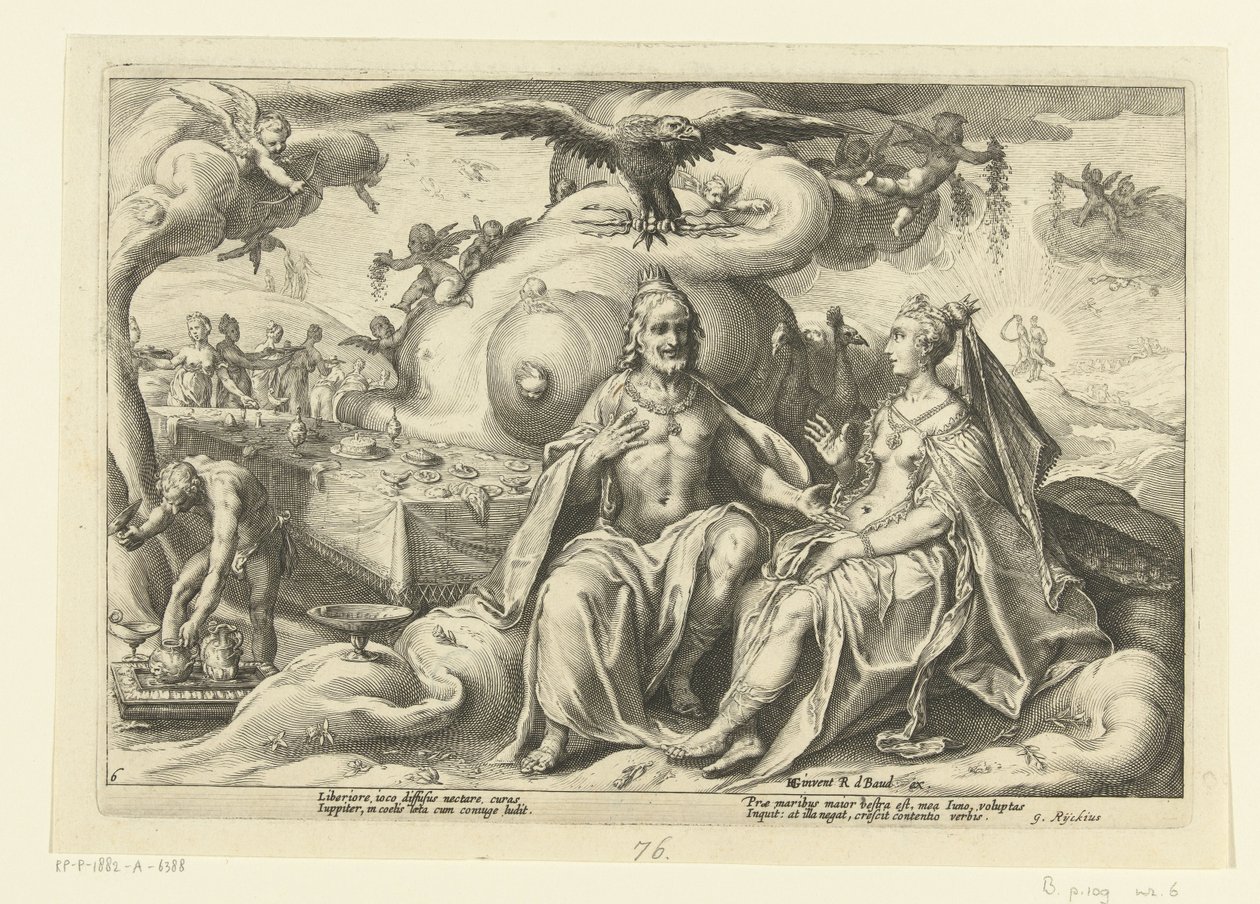 Jupiter und Juno diskutieren über die Frage, bei welchem Geschlecht die Lust in der Liebe größer ist von Hendrick Goltzius (workshop of)