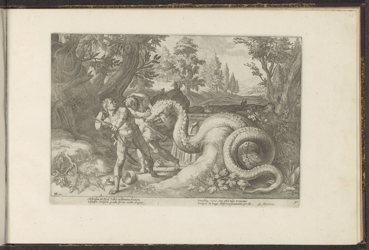 Gefährten des Kadmos von einem Drachen verschlungen von Hendrick Goltzius (workshop of)