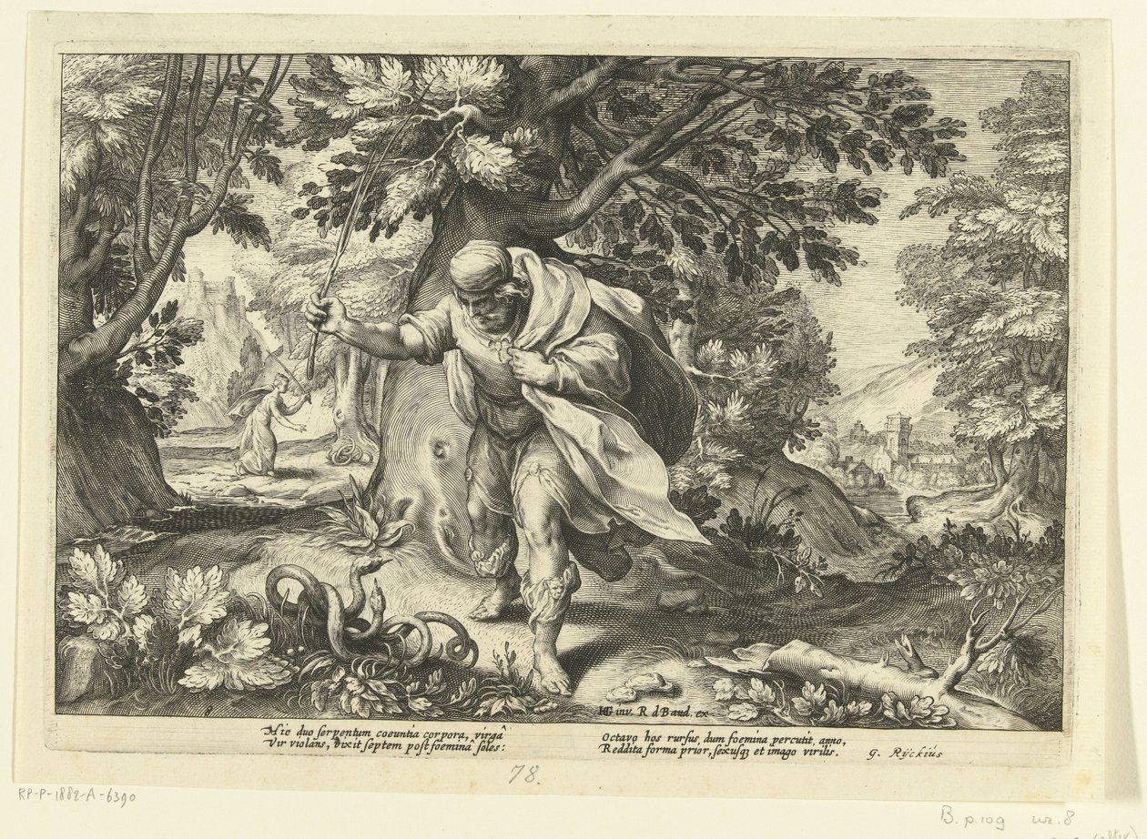 Teiresias schlägt zwei paarende Schlangen von Hendrick Goltzius (workshop of)