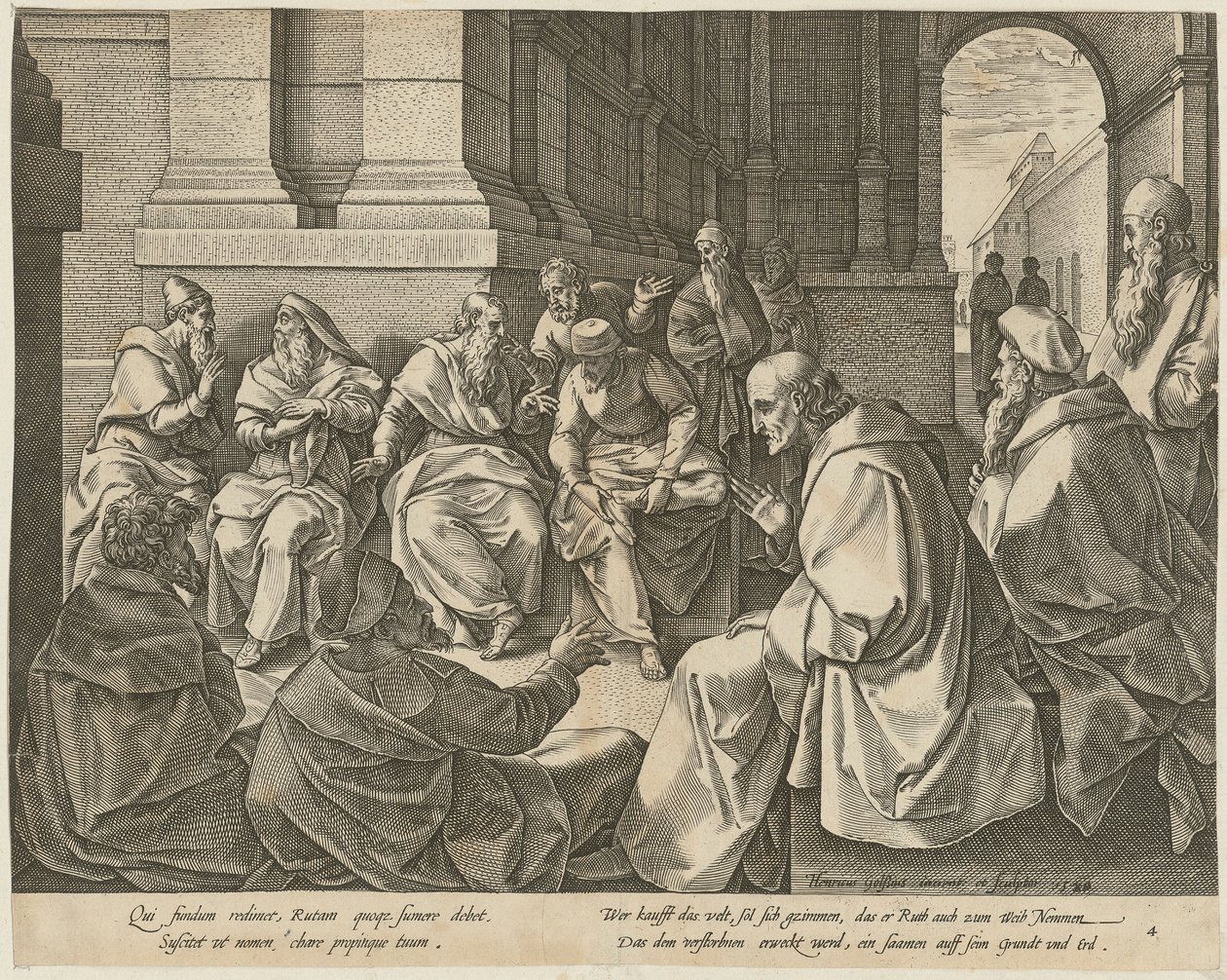 Boas mit den zehn Ältesten, Blatt 4 der Folge "Die Geschichte der Ruth" von Hendrick Goltzius