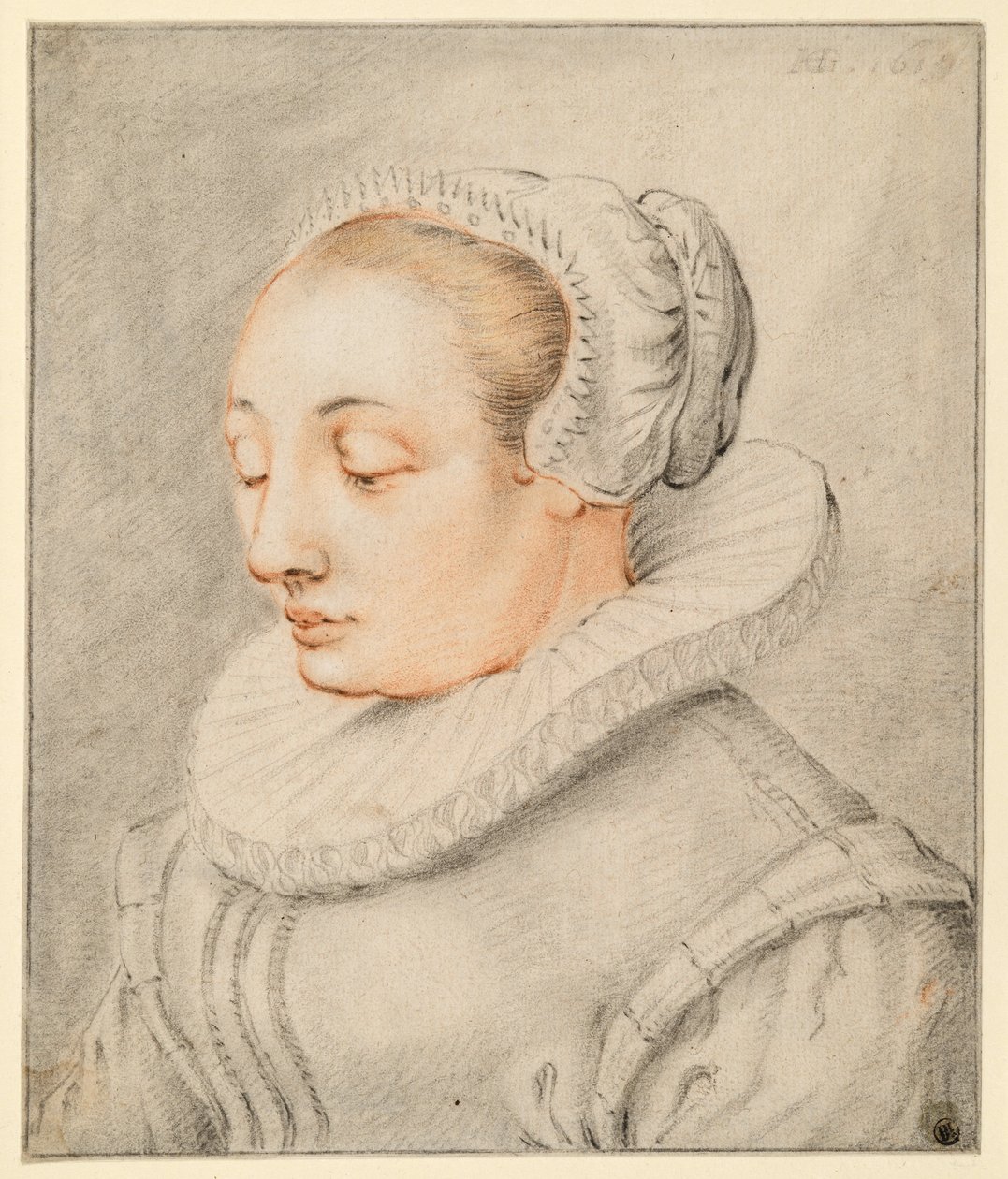 Brustbild einer jungen Frau mit Haube von Hendrick Goltzius