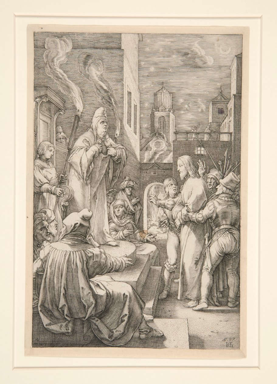 Christus vor Kaiphas, aus Die Passion, Nr. 4 in einer Serie von 12 Gravuren von Hendrick Goltzius