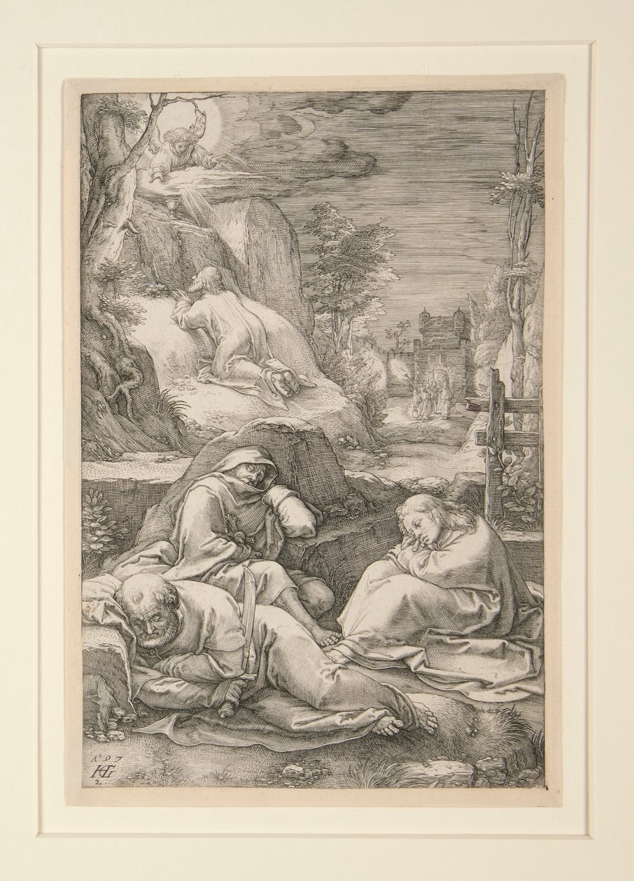 Christus am Ölberg (Die Agonie im Garten), aus Die Passion, Nr. 2 in einer Serie von 12 Gravuren von Hendrick Goltzius