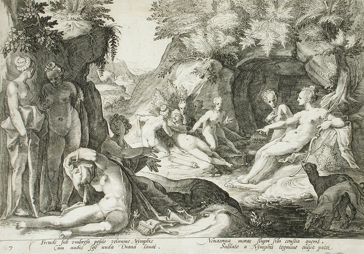Diana und ihre Nymphen entdecken Callistos Schwangerschaft von Hendrick Goltzius