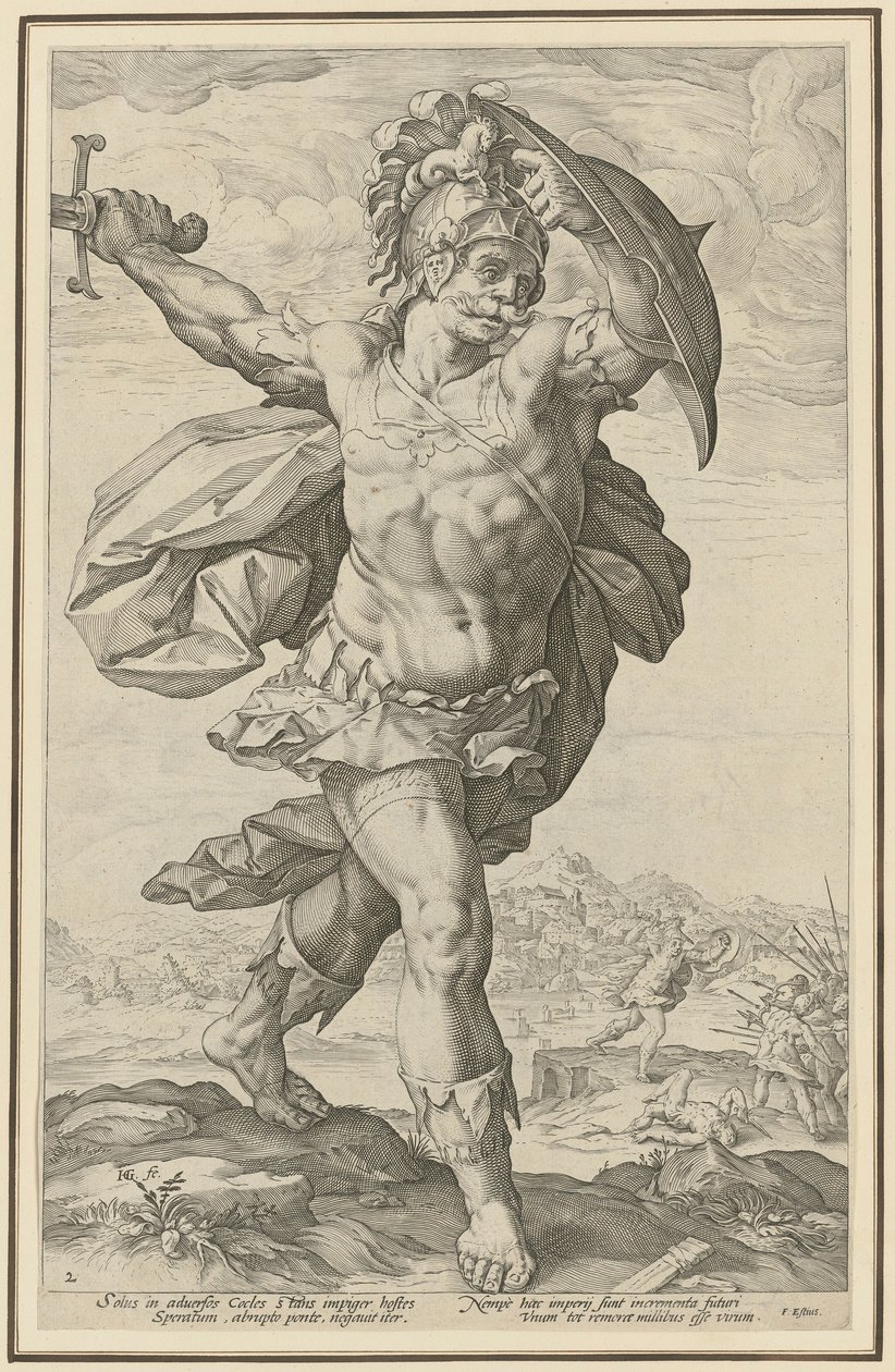 Horatius Cocles, Blatt 2 der Folge "Römische Helden" von Hendrick Goltzius