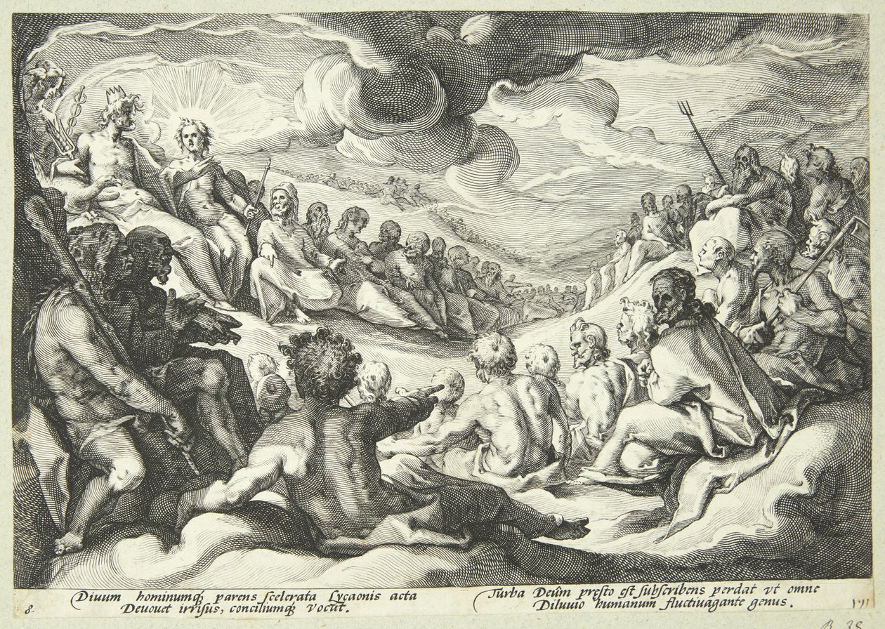 Jupiter berät sich mit den Göttern über die Zerstörung des Universums von Hendrick Goltzius