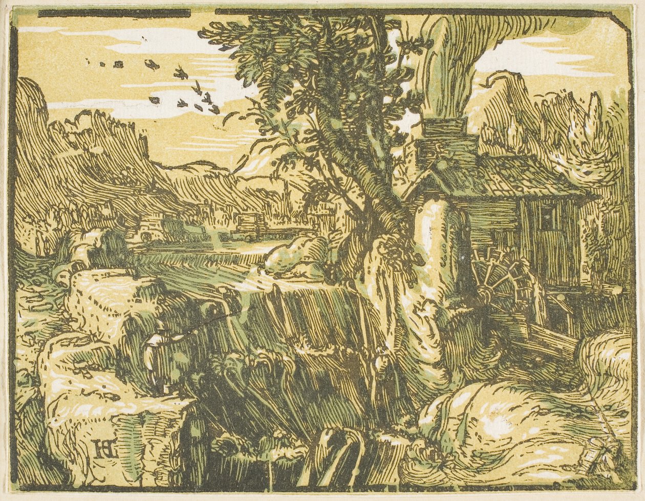 Landschaft mit einem Wasserfall, aus Vier Kleine Landschaften von Hendrick Goltzius