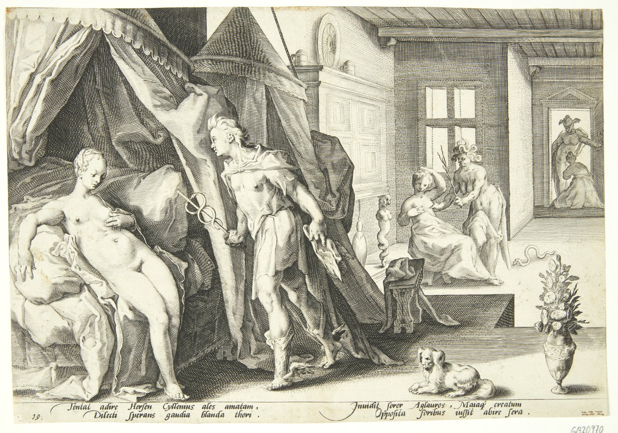 Merkur betritt das Zimmer von Herse, nachdem er Agraulos in Stein verwandelt hat von Hendrick Goltzius