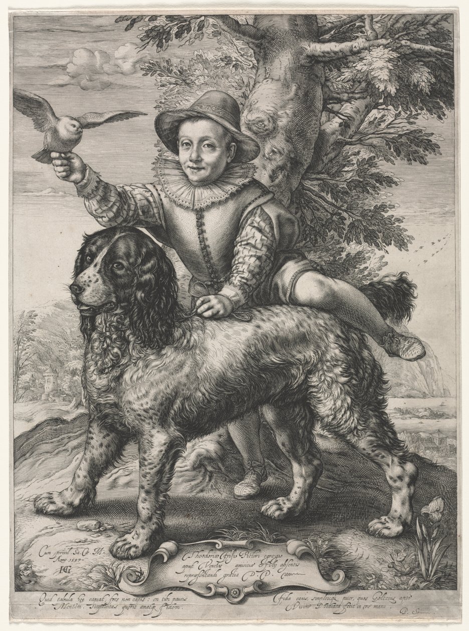 Porträt von Frederick de Vries und seinem Hund von Hendrick Goltzius