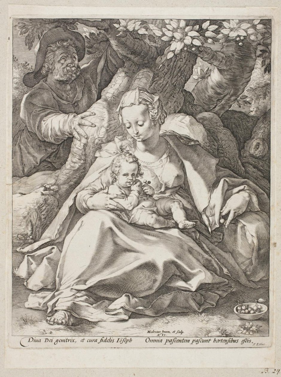 Ruhe auf der Flucht nach Ägypten unter einem Kirschbaum von Hendrick Goltzius