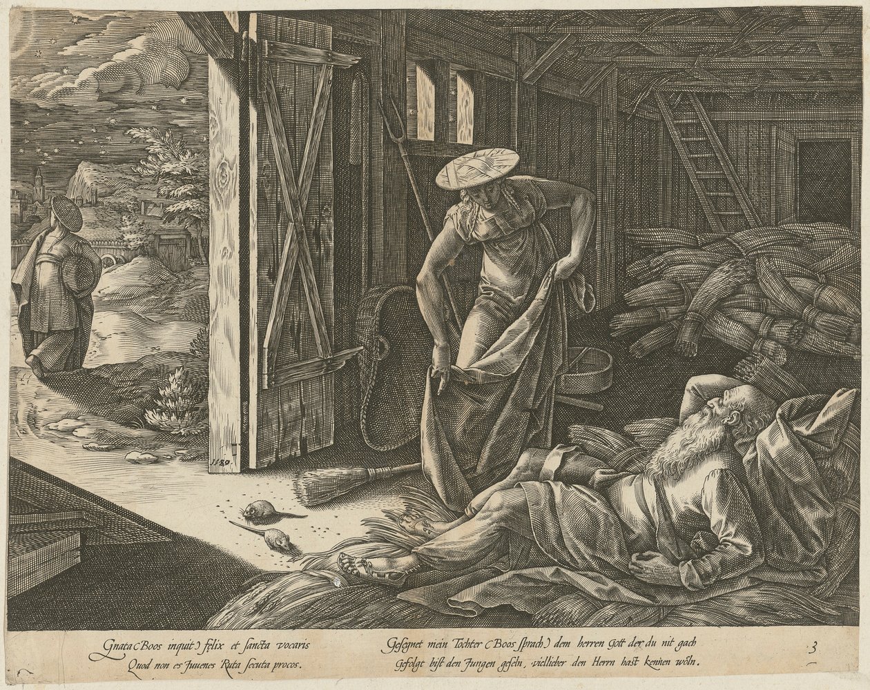 Ruth und Boas in der Scheune, Blatt 3 der Folge "Die Geschichte der Ruth" von Hendrick Goltzius