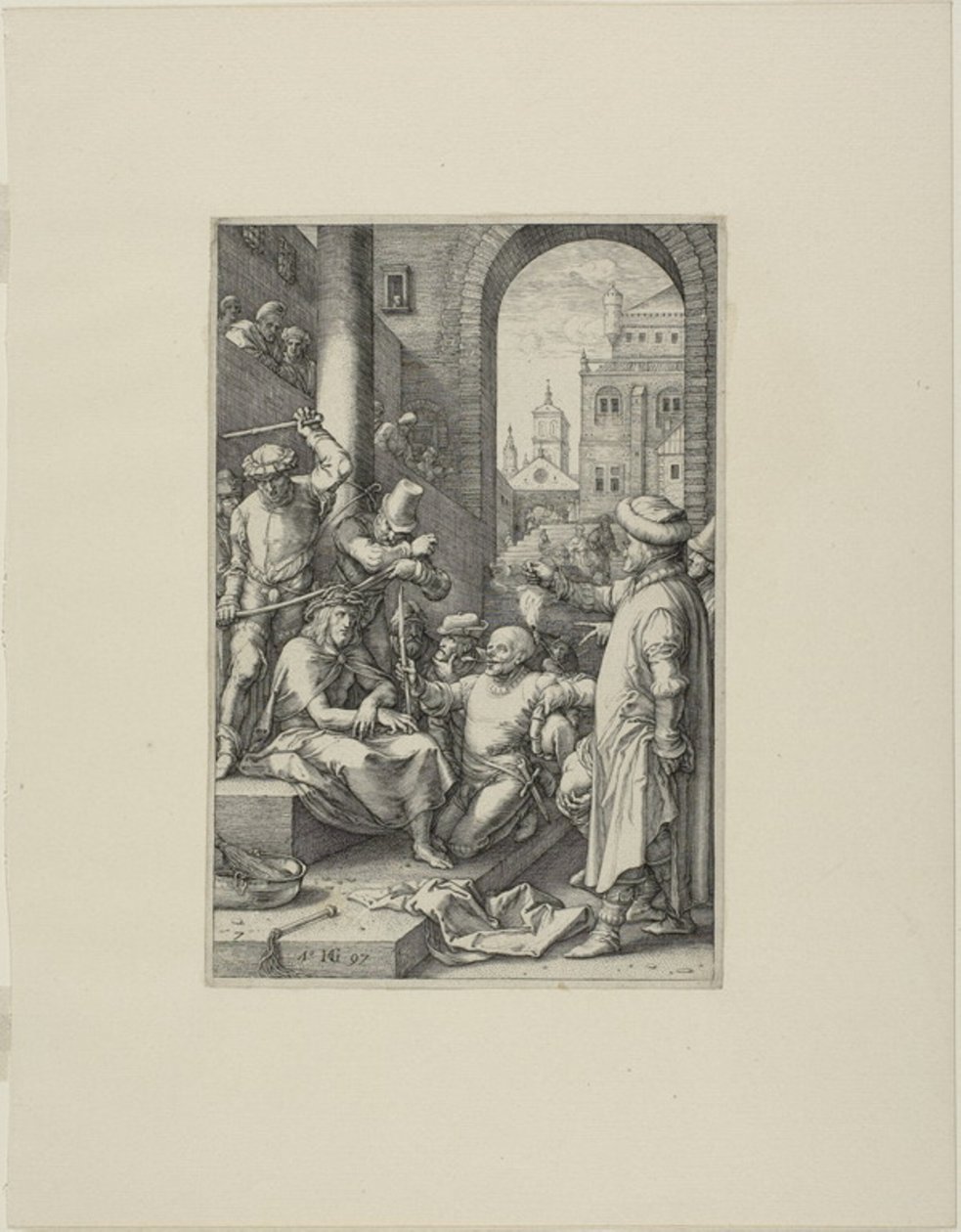 Die Krönung mit Dornen, Platte sieben aus Die Passion Christi von Hendrick Goltzius