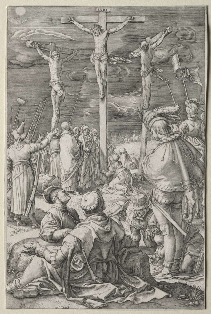 Die Passion: Christus am Kreuz zwischen den beiden Dieben von Hendrick Goltzius