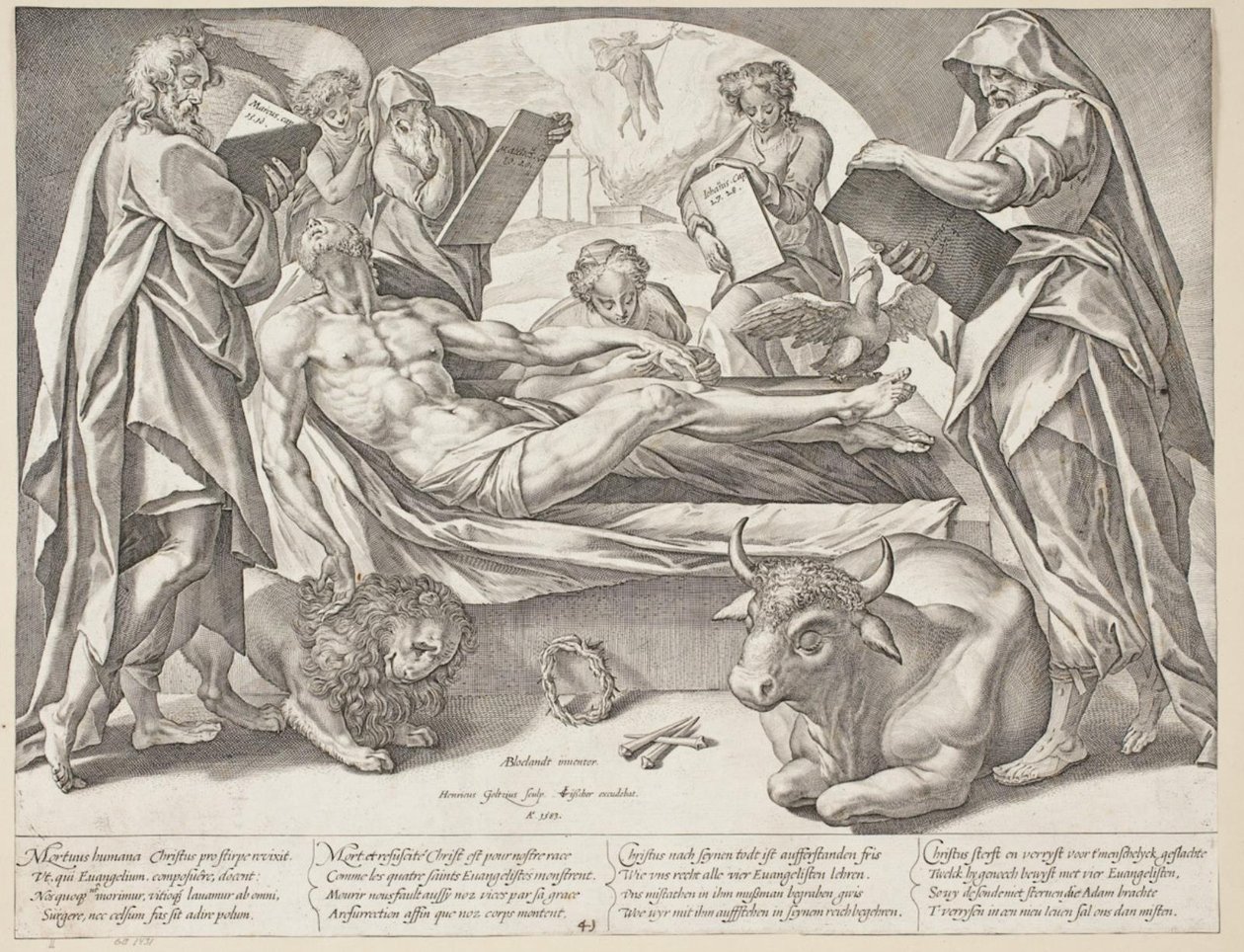 Der tote Christus und die vier Evangelisten von Hendrick Goltzius