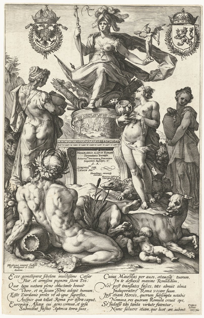 Titelblatt für die Druckserie Die römischen Helden von Hendrick Goltzius