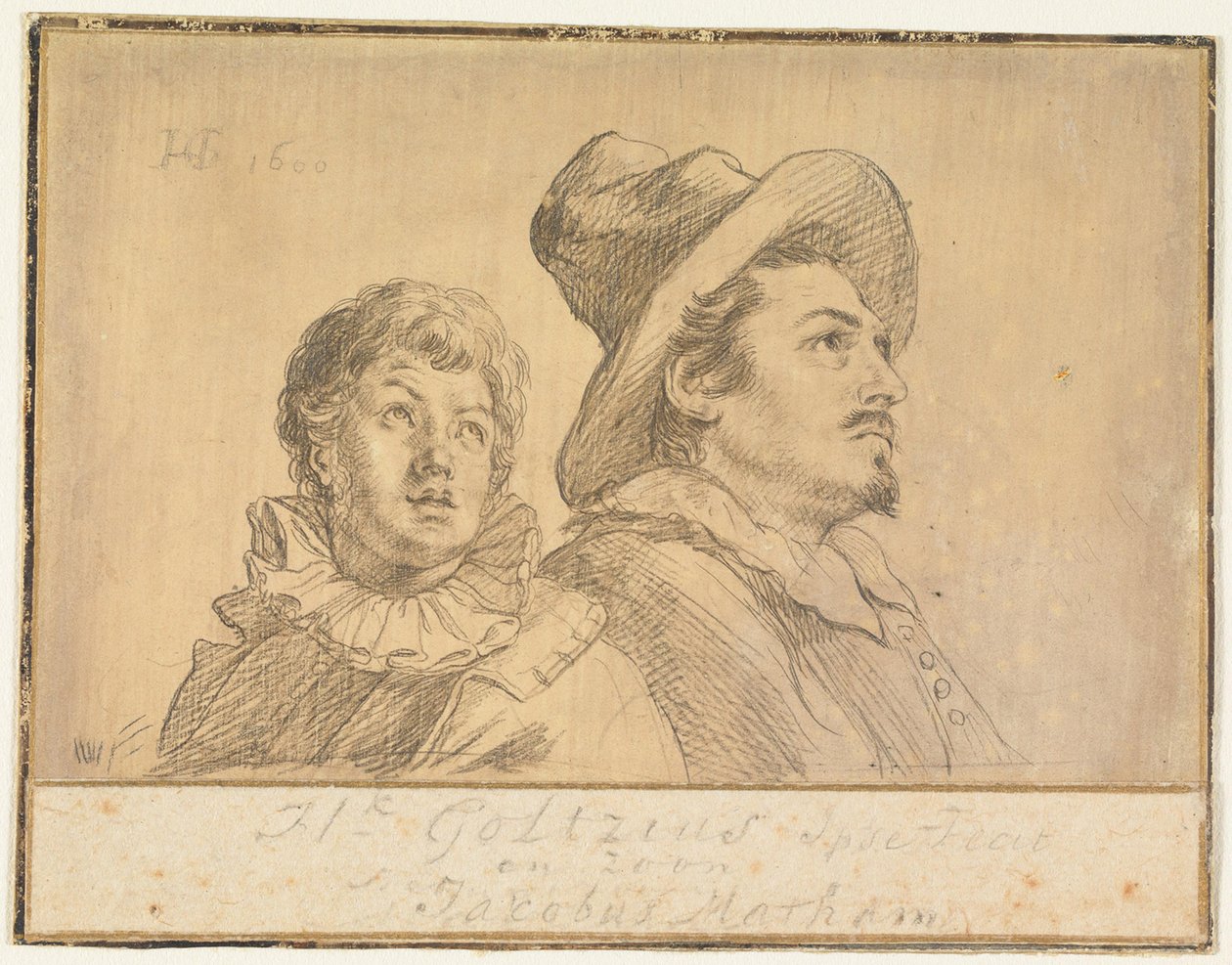 Zwei Männer, möglicherweise Jan Matthijs Ban und Philips van Winghe (recto). Junge mit Hut, zur Hälfte. In seinen Armen hält er einen toten Greis (verso) von Hendrick Goltzius