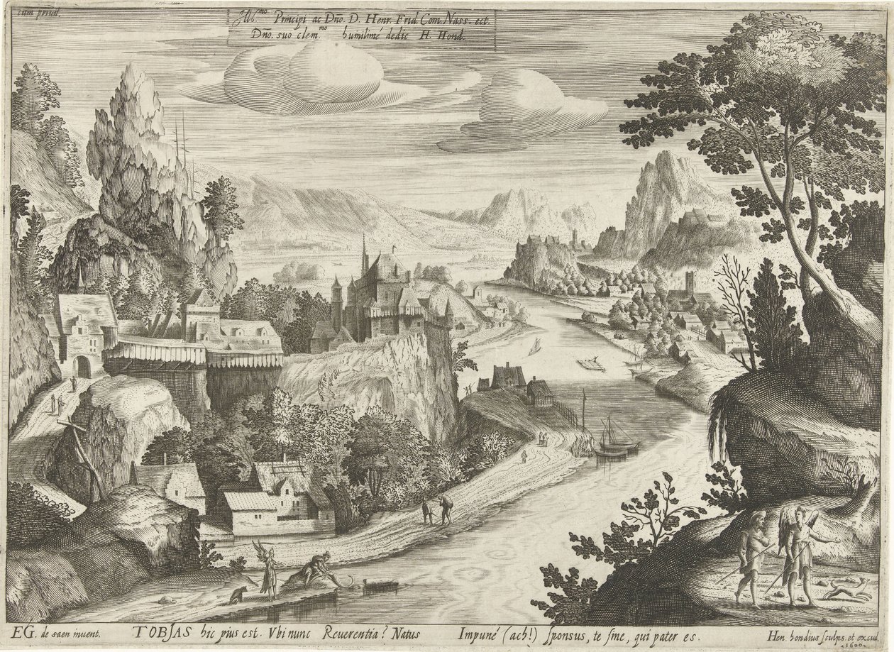 Tobias und der Engel fangen den Fisch im Tigris von Hendrick Hondius (I)