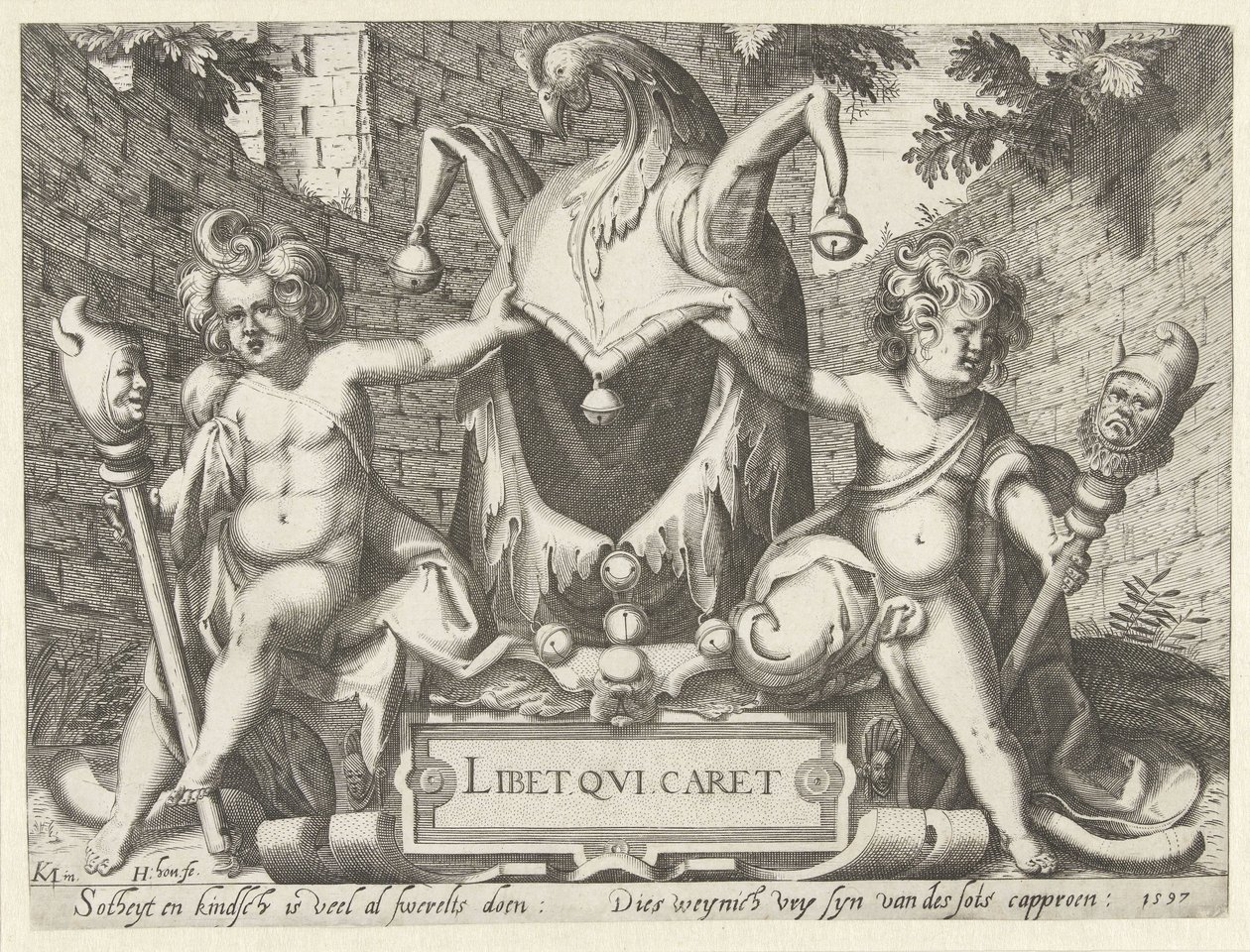Zwei Putti mit einer Narrenkappe von Hendrick Hondius (I)