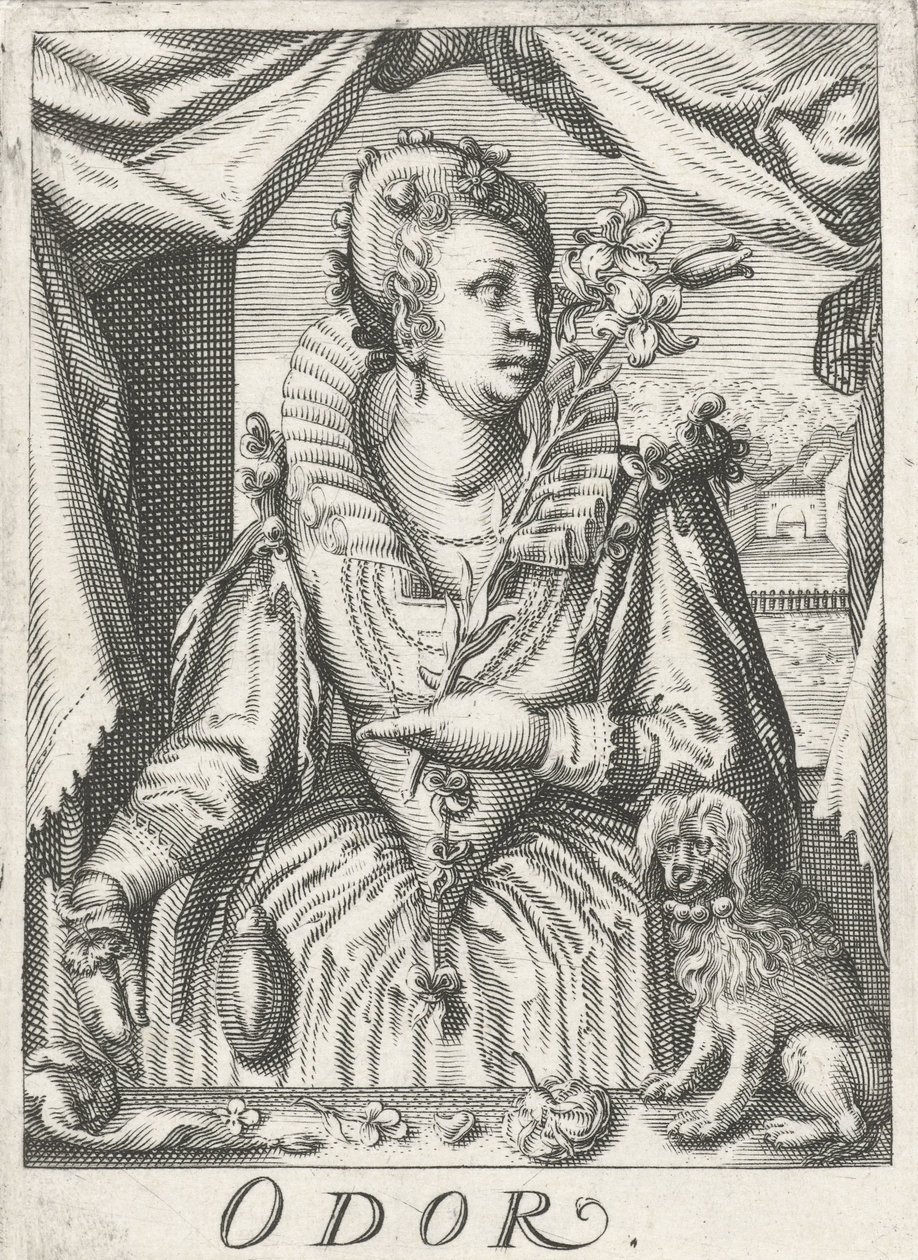 Geruch (Odor), eine Frau mit einem Blütenzweig von Hendrick Hondius (rejected attribution)
