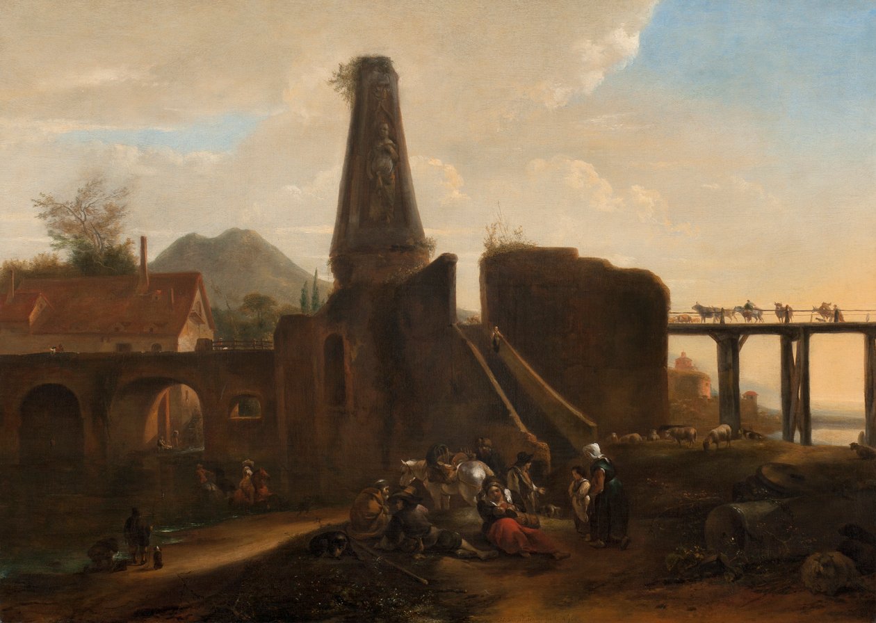 Reisende ruhen sich neben klassischen Ruinen aus, 1663, Öl auf Leinwand von Hendrick Verschuring