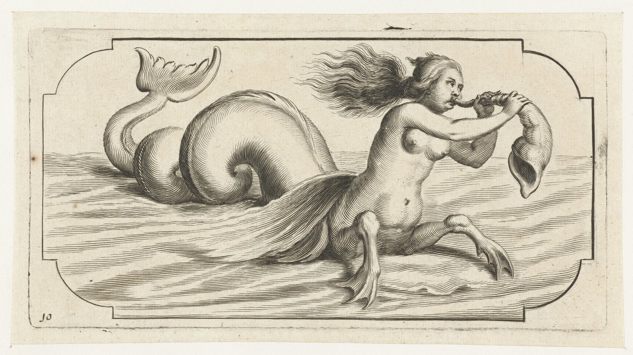 Eine Frauenfigur bläst auf einer Muschel von Hendrick de Keyser (I)