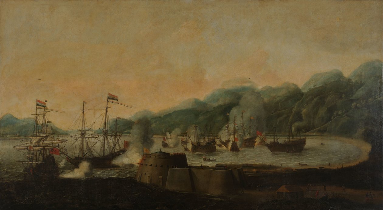 Ein niederländisches Geschwader unter dem Kommando von Cornelis Simonsz van der Veer führt einen Überraschungsangriff auf drei portugiesische Galeonen in der Bucht von Goa Velha durch, 30. September 1639 von Hendrick van Anthonissen