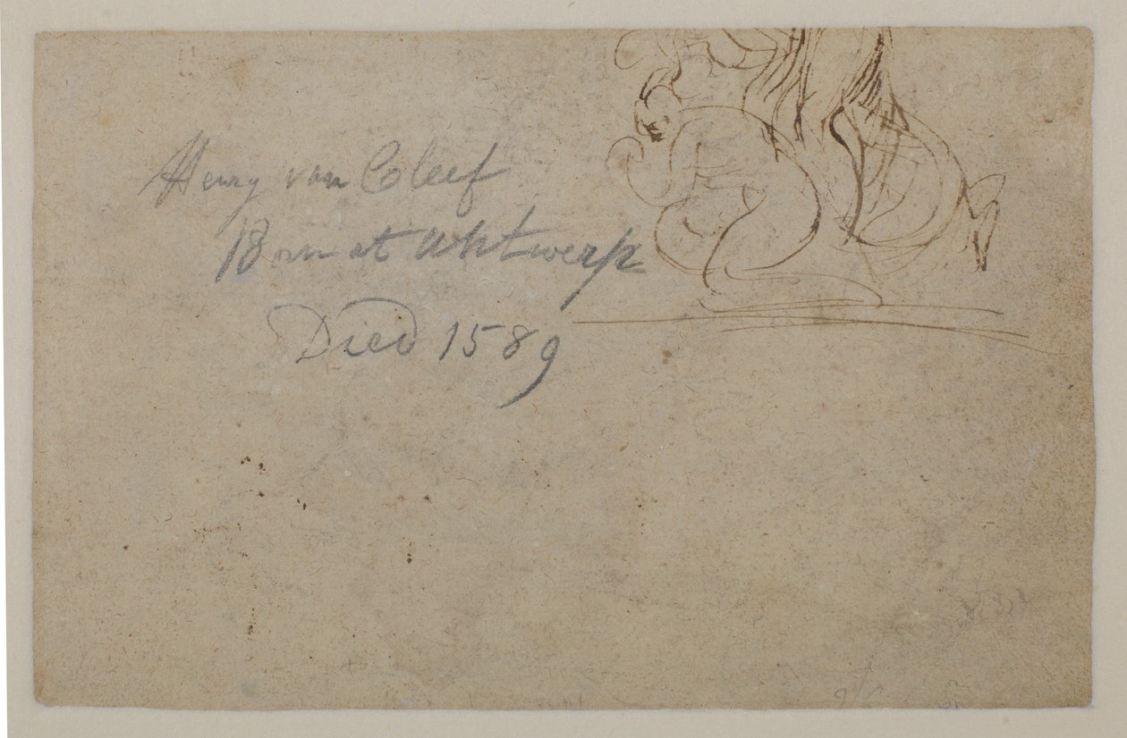 Anmerkung einer späteren Hand. Skizze einer kauernden Figur und eines steigenden Pferdes, ?, 16. Jahrhundert von Hendrick van Cleve