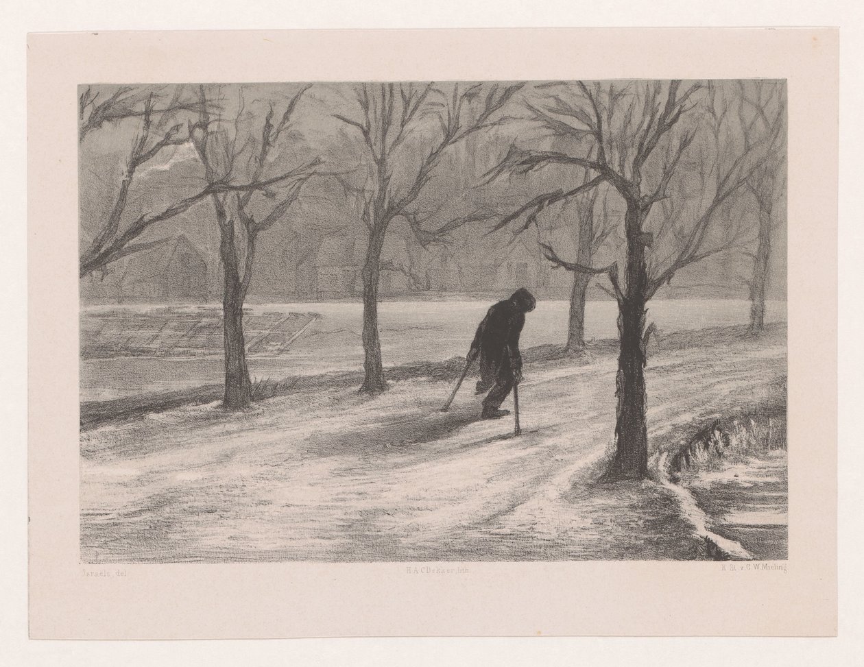 Mann auf Krücken in einer Winterlandschaft von Hendrik Adriaan Christiaan Dekker