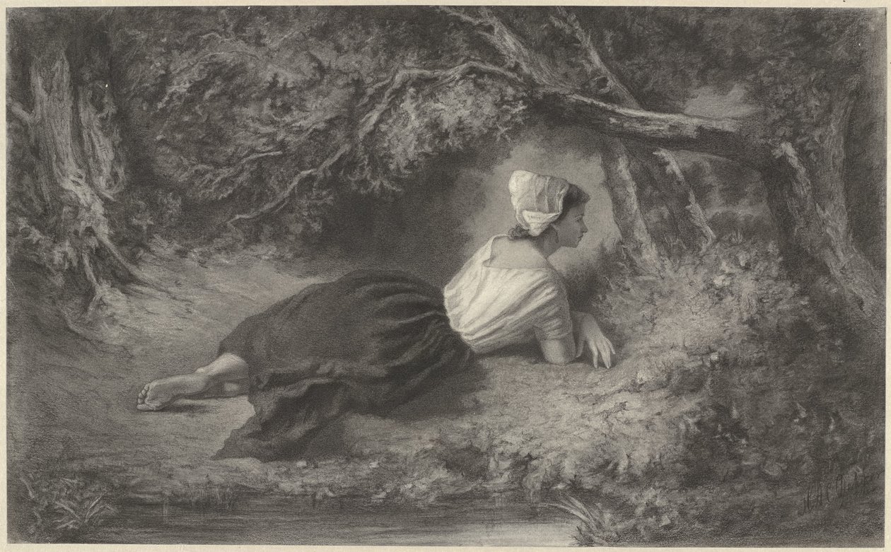 Mädchen, liegend unter Bäumen bei einem Wasser von Hendrik Adriaan Christiaan Dekker
