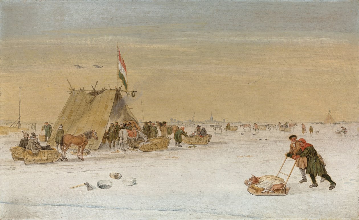 Eine Winterlandschaft mit Figuren auf dem Eis bei einem koek-en-zopie Zelt von Hendrik Avercamp