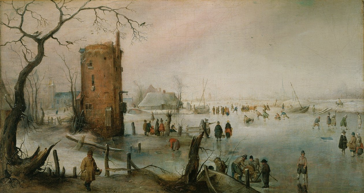 Schlittschuhlaufen in der Nähe einer Stadt, um 1610–20 von Hendrik Avercamp