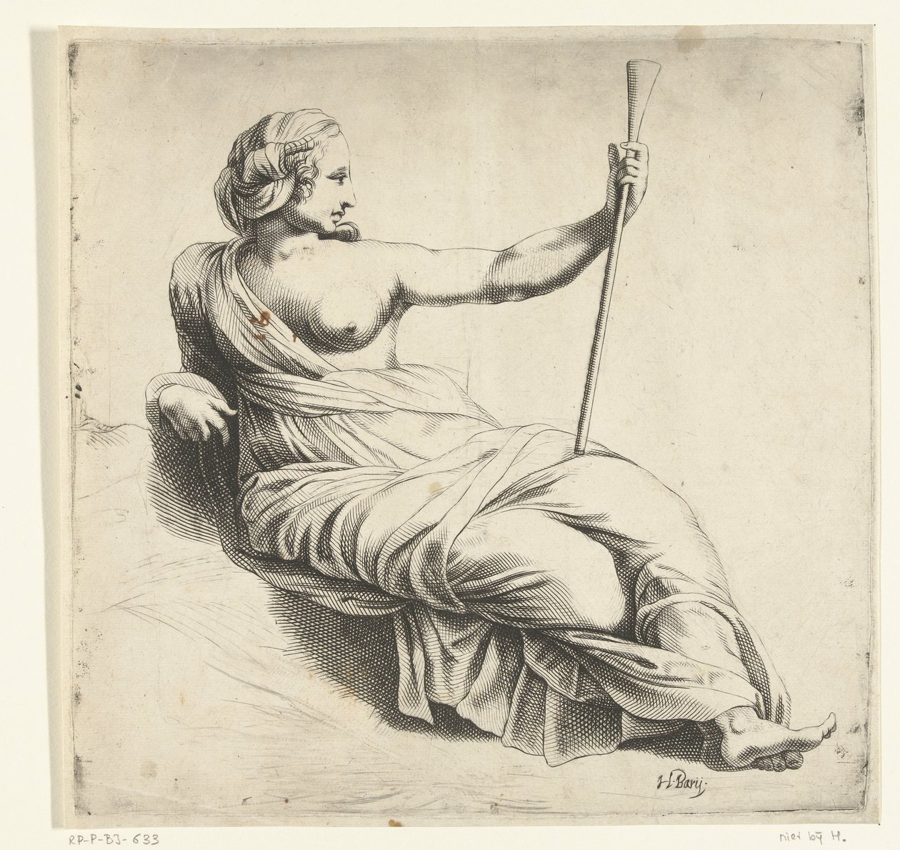 Eine Muse der Musik, sitzende Frau mit Trompete von Hendrik Bary