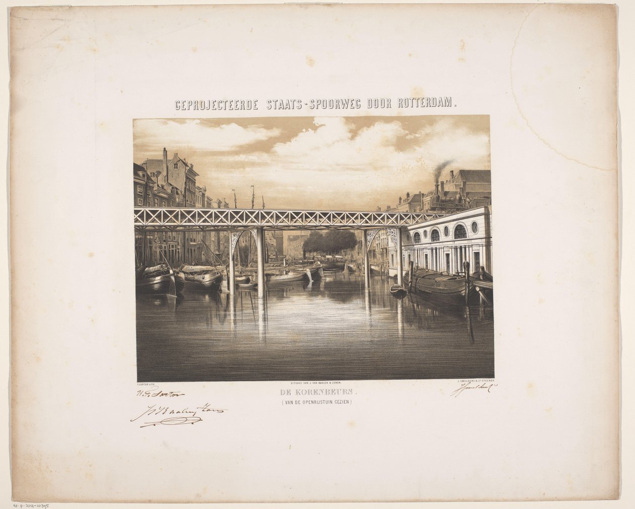 Ansicht der Korenbeurs in Rotterdam mit Zukunftsvision einer Eisenbahnlinie von Hendrik Frederik Sartor