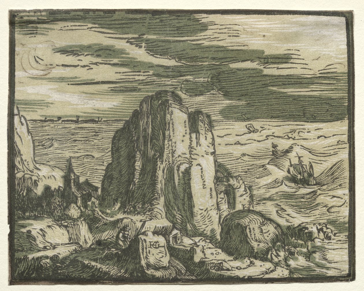 Aus einem Satz von 4 Landschaften: Klippe am Meer von Hendrik Goltzius